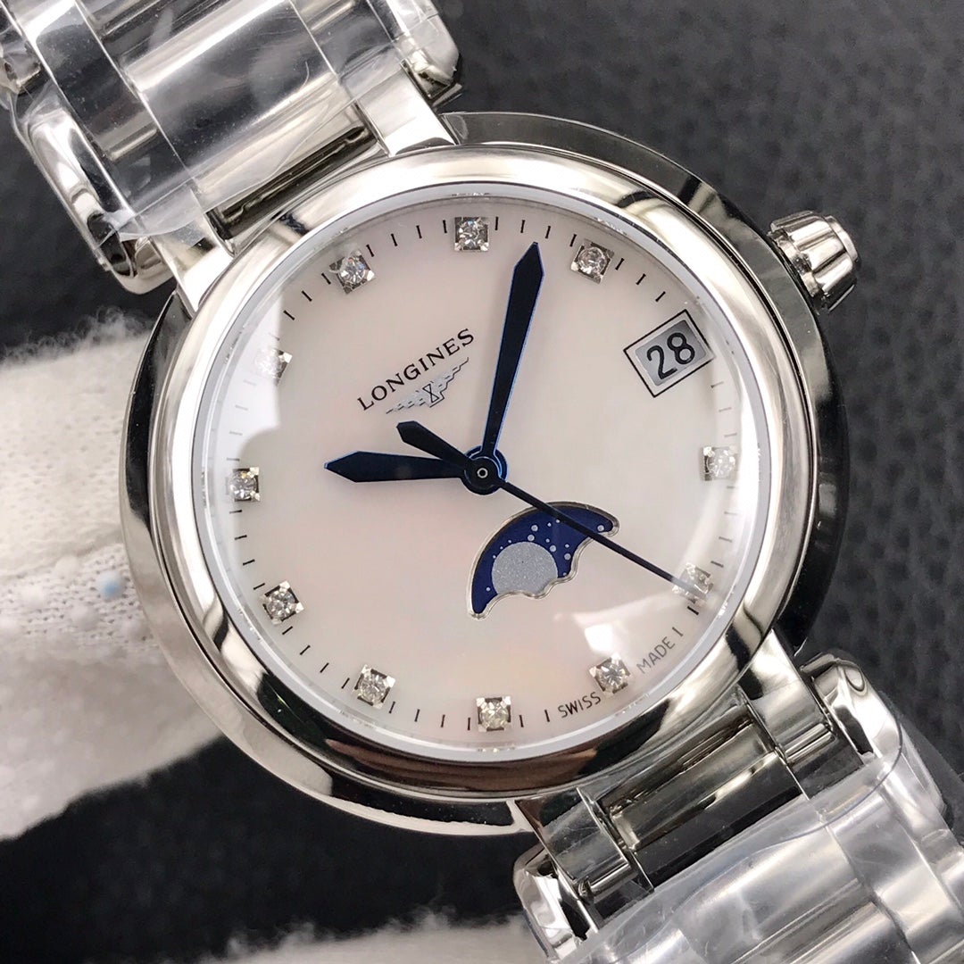 PRIMALUNA 30MM QUARTZ SILVER-STONE PINK MOTHER OF PEARL DIAL