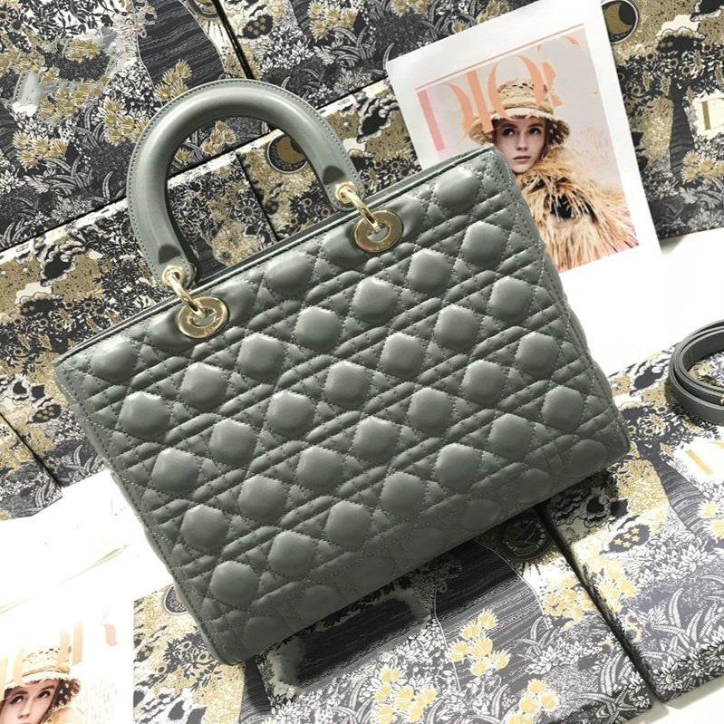 LARGE LADY BAG 32CM GRAY CANNAGE LAMBSKIN