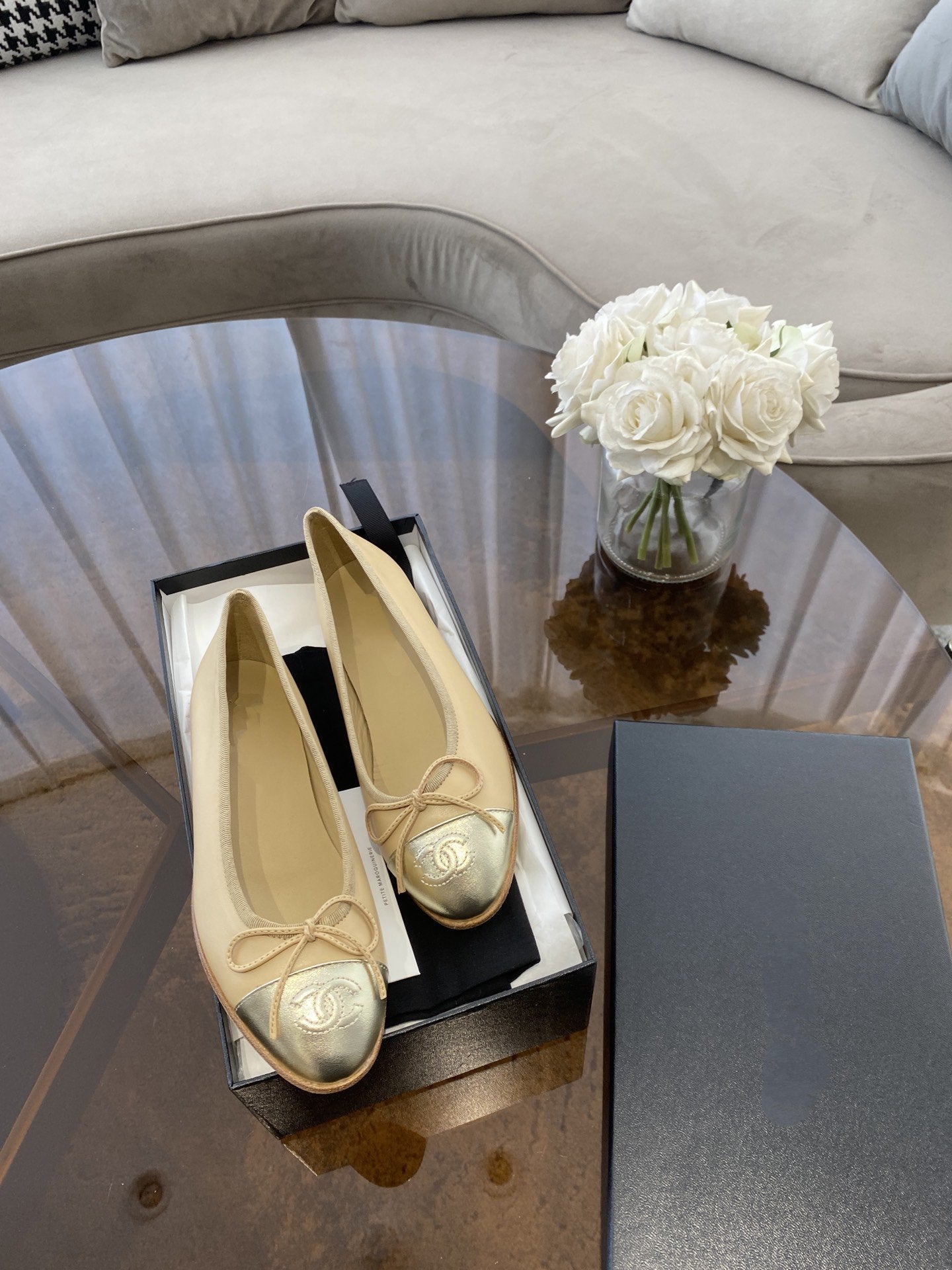 ballet flats beige gold lambskin canvas