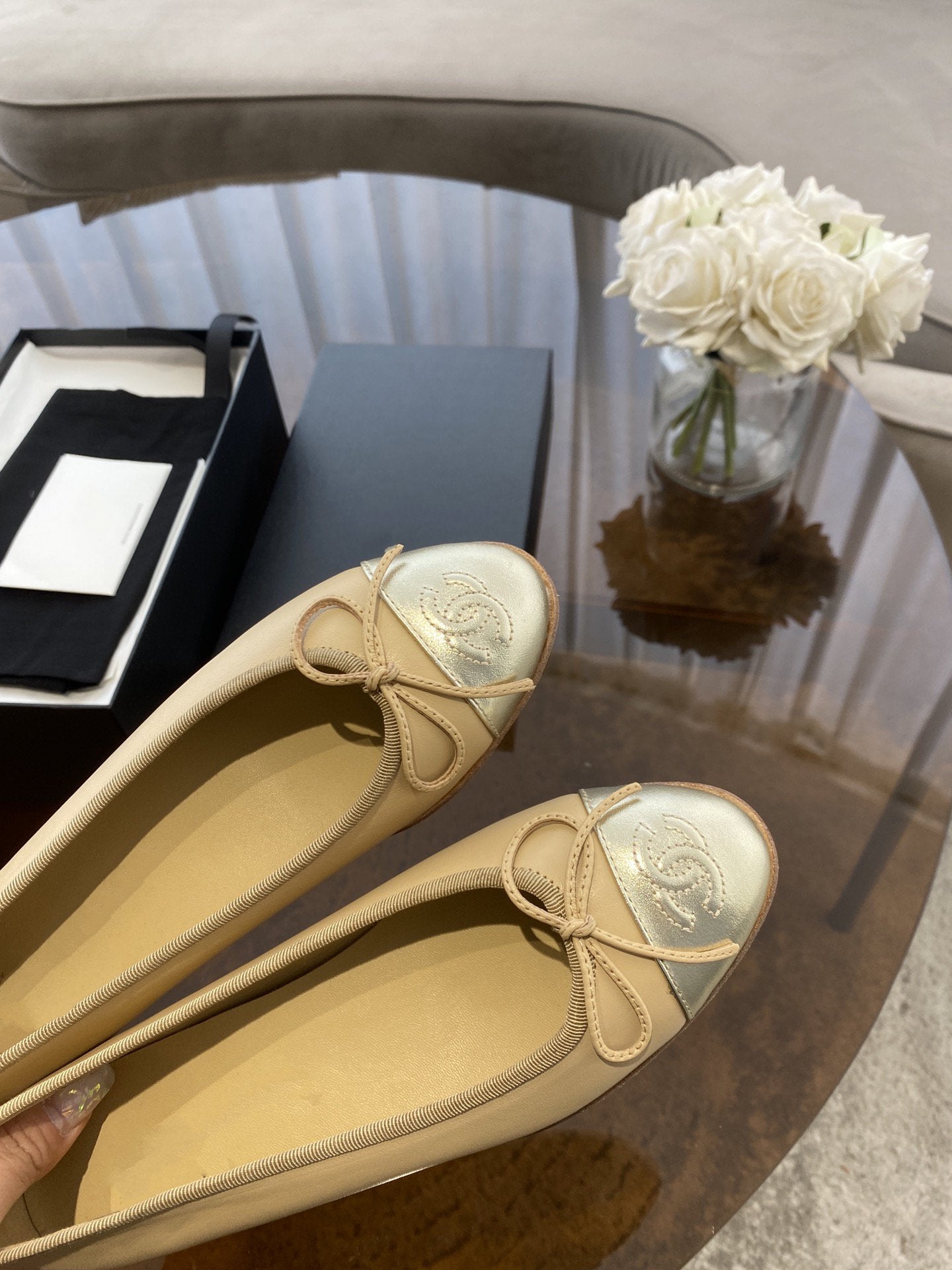 ballet flats beige gold lambskin canvas