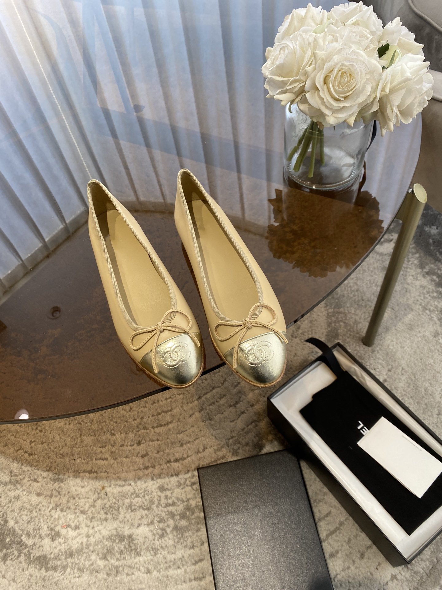 ballet flats beige gold lambskin canvas