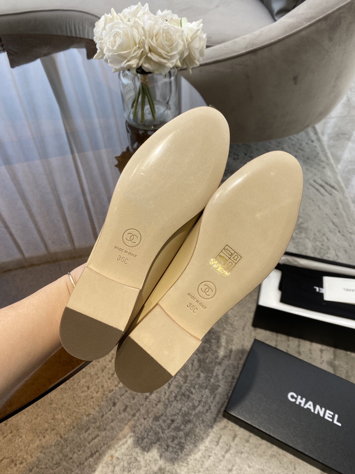 ballet flats beige gold lambskin canvas