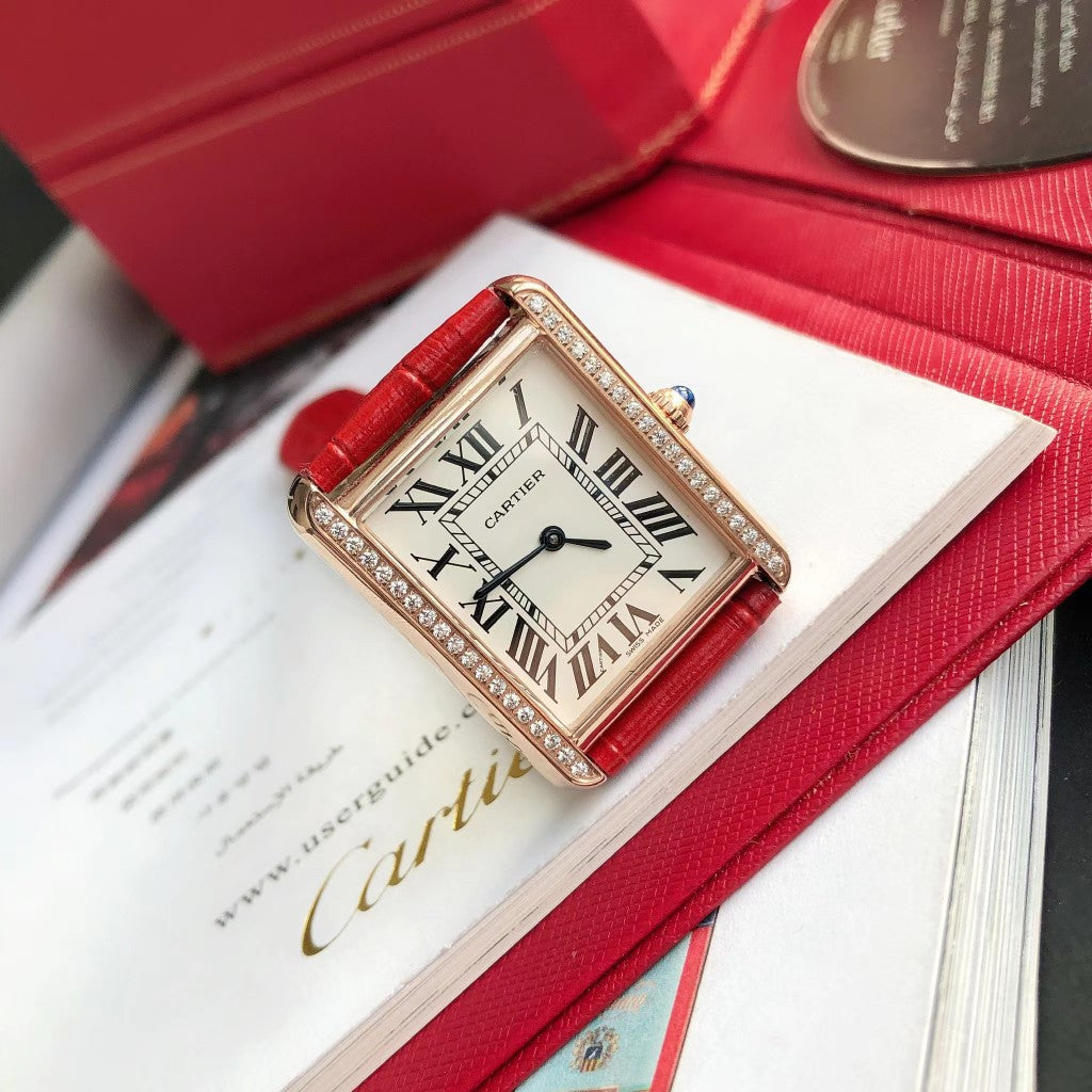 TANK SOLO PINK GOLD DIAMOND BEZEL RED LEATHER