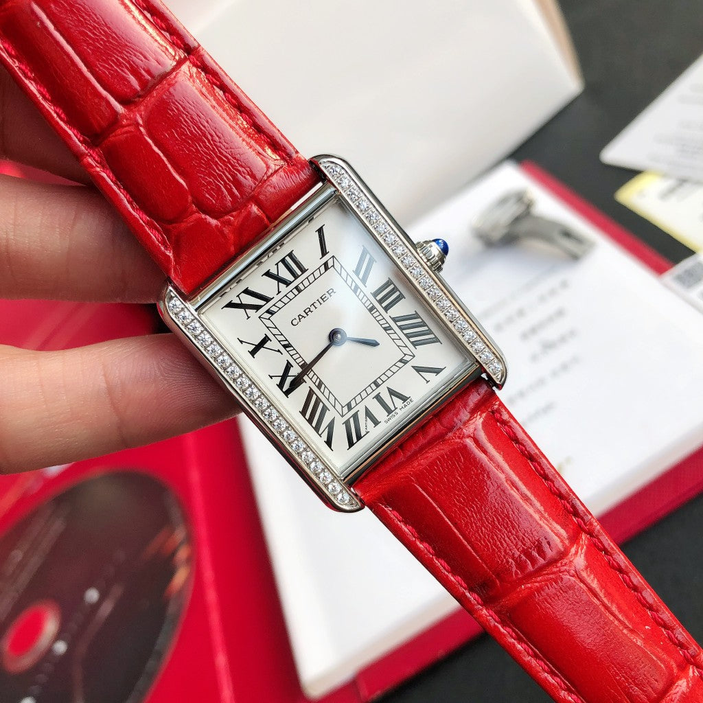 TANK SOLO STEEL DIAMOND BEZEL RED LEATHER