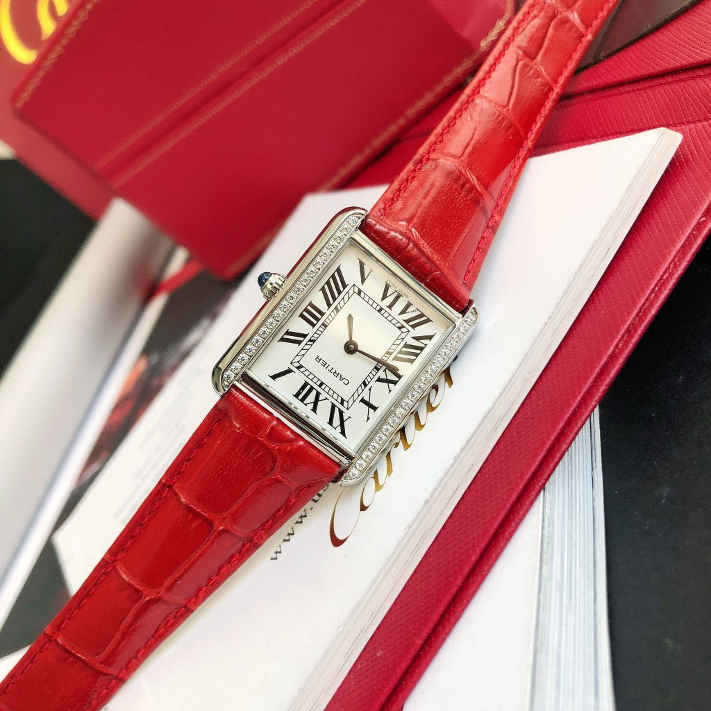 TANK SOLO STEEL DIAMOND BEZEL RED LEATHER