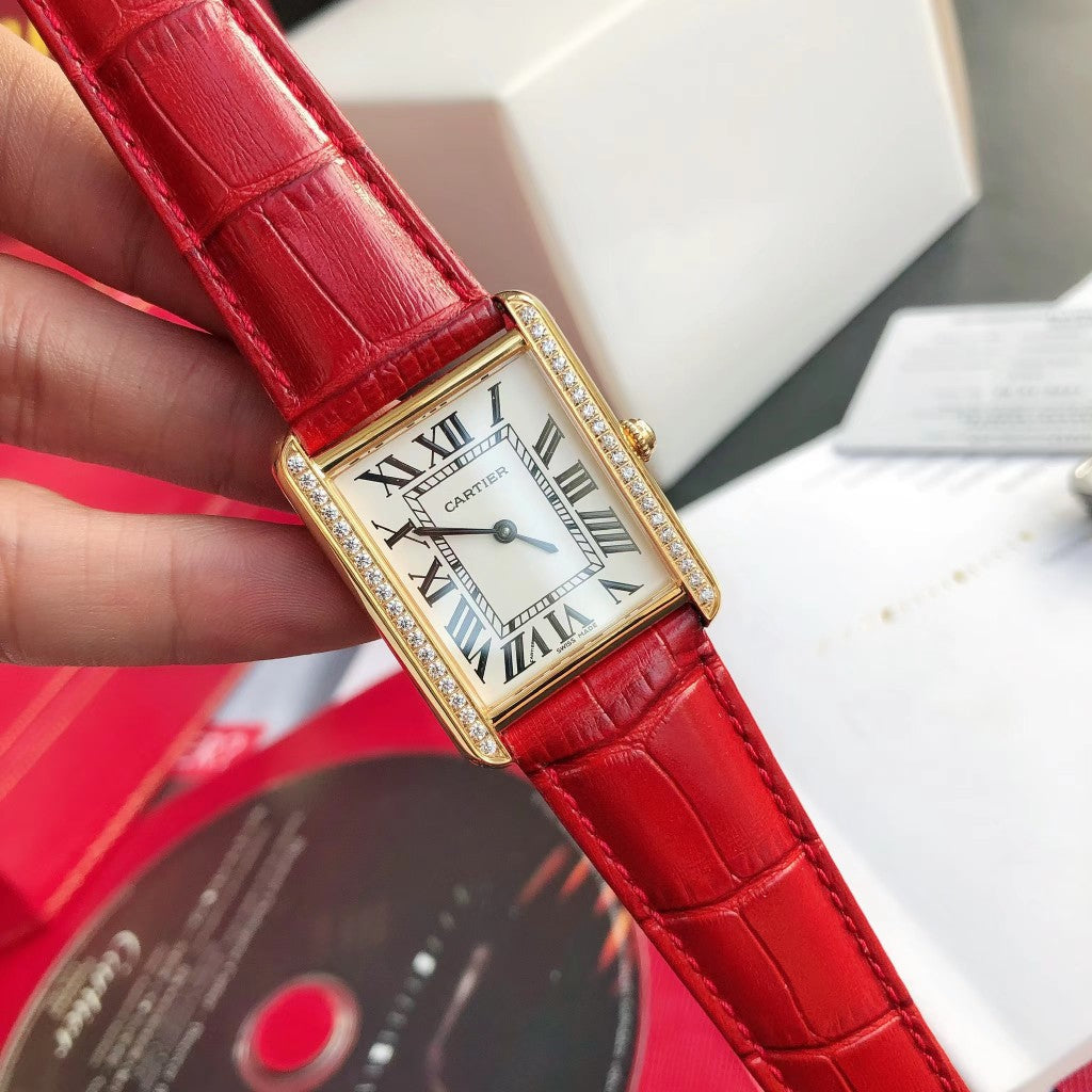 TANK SOLO GOLD DIAMOND BEZEL RED LEATHER