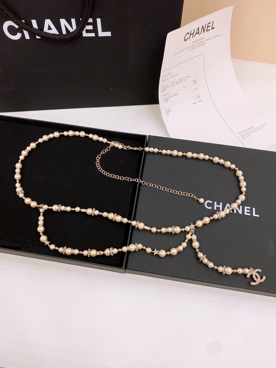 CHANEL Faux Pearl Chain Fancy Belt Gold Interlocking