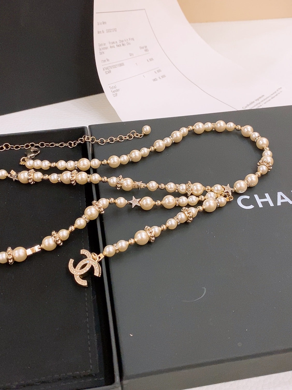 CHANEL Faux Pearl Chain Fancy Belt Gold Interlocking