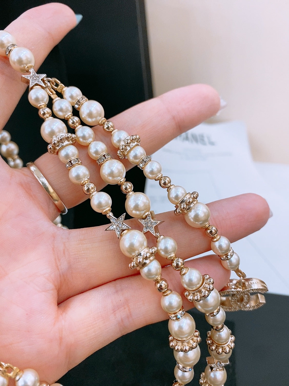 CHANEL Faux Pearl Chain Fancy Belt Gold Interlocking