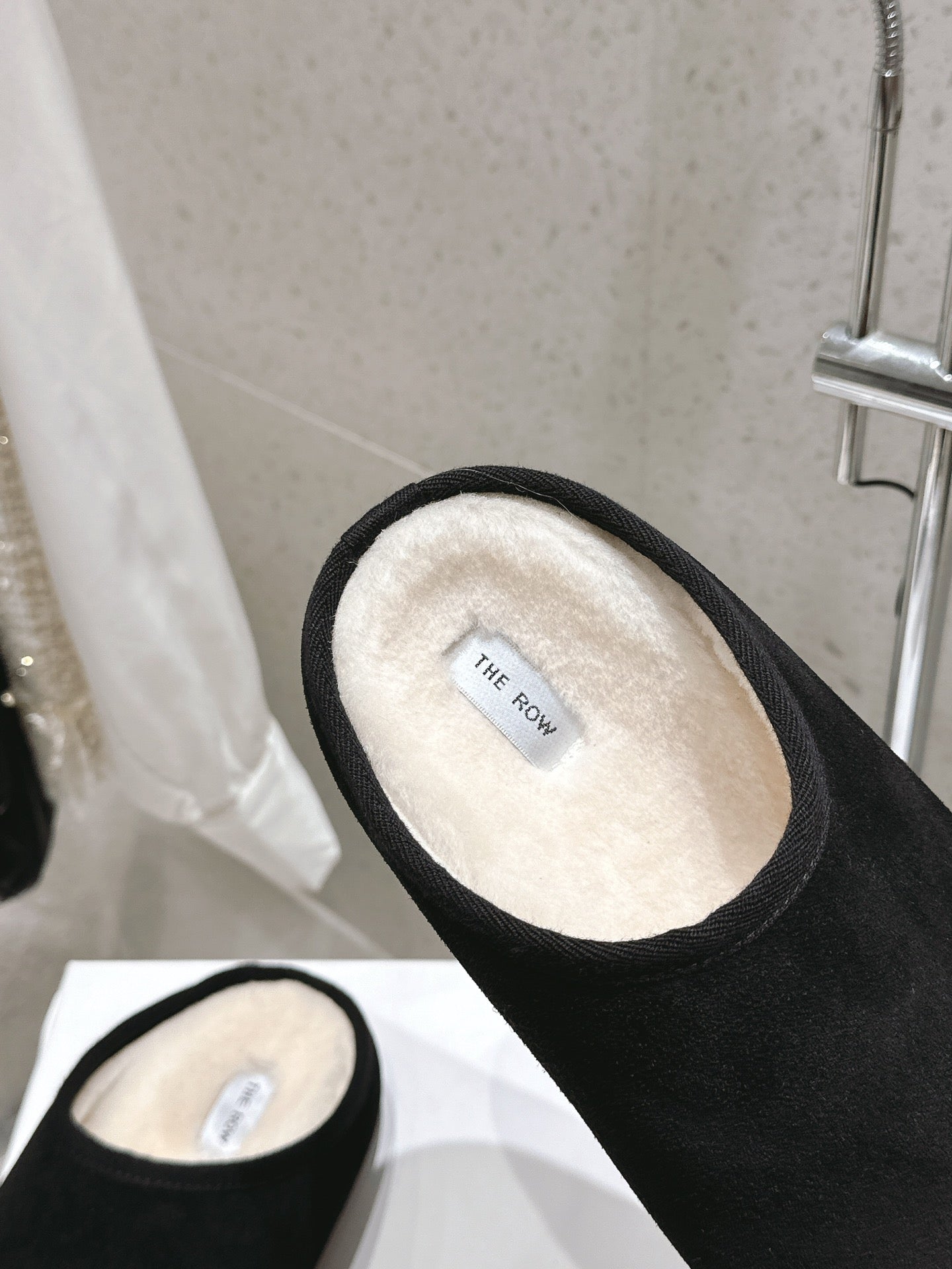The Row Slipper Black White Cowhide Wool 402119