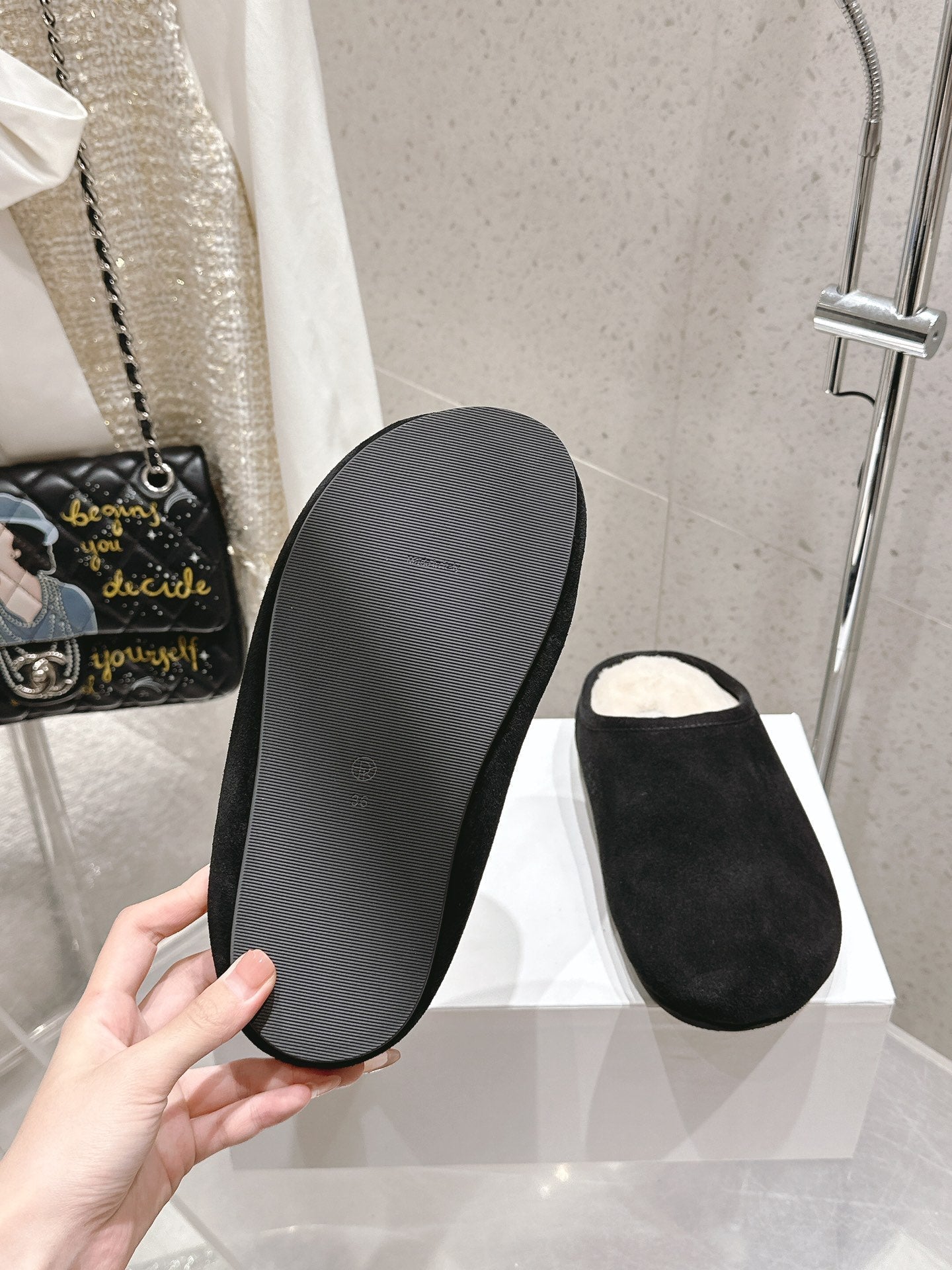 The Row Slipper Black White Cowhide Wool 402119