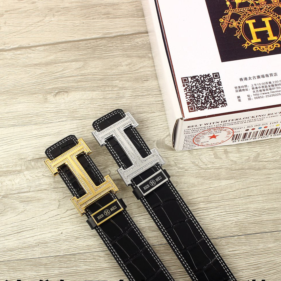 HM Original Belt 38mm Crocodile Embossed Black Pattern Gold Buckle Leather 620264