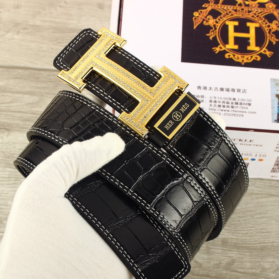 HM Original Belt 38mm Crocodile Embossed Black Pattern Gold Buckle Leather 620264