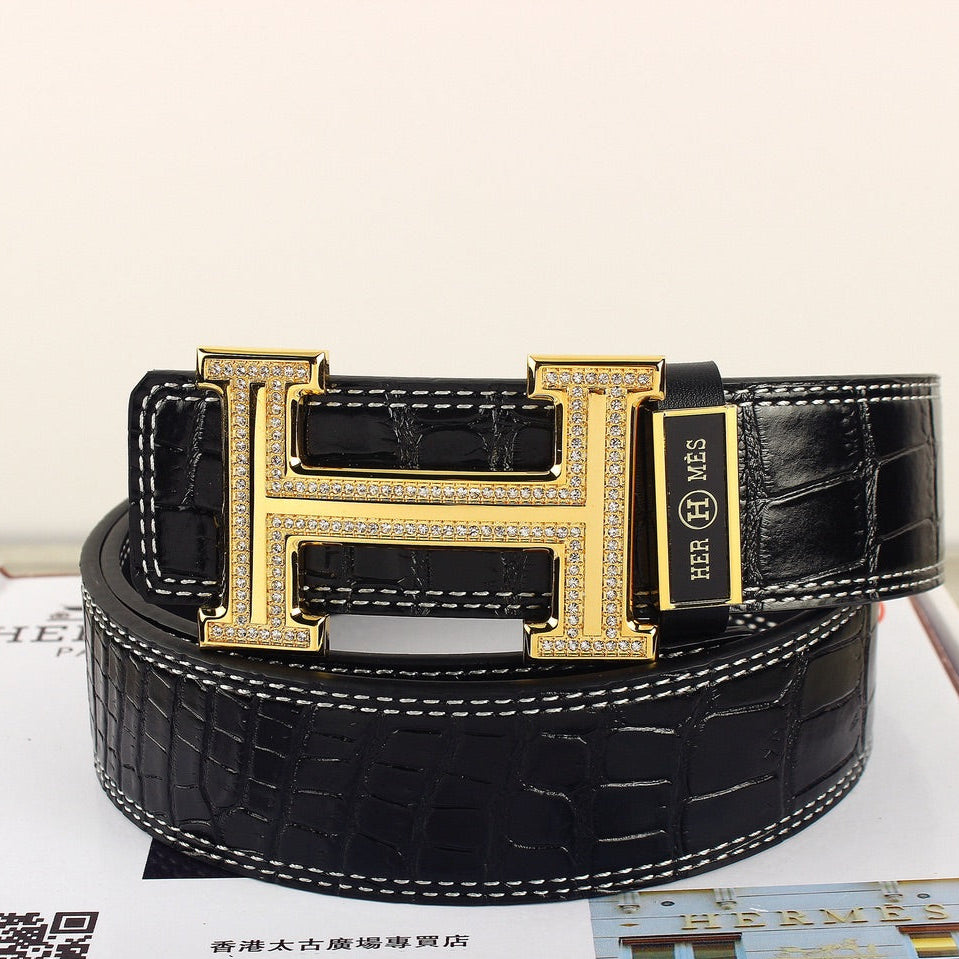 HM Original Belt 38mm Crocodile Embossed Black Pattern Gold Buckle Leather 620264