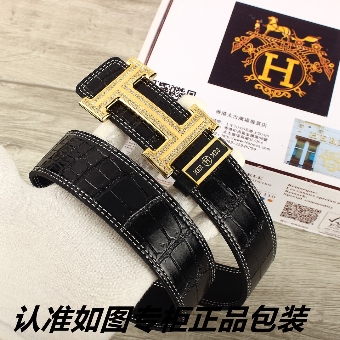 HM Original Belt 38mm Crocodile Embossed Black Pattern Gold Buckle Leather 620264