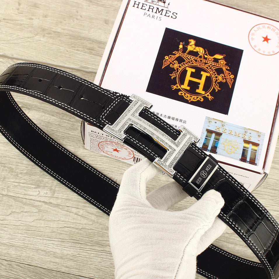 HM Original Belt 38mm Black Crocodile Pattern Leather Silver Buckle 620265