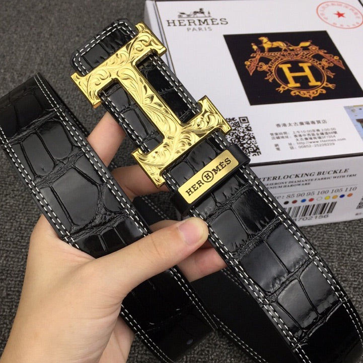 HM Belt 38mm Black Crocodile Embossed Gold Buckle Leather 619361