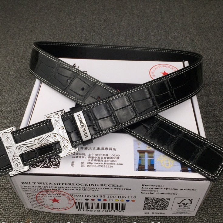 HM Belt 38mm Black Crocodile Embossed Silver Buckle Leather 619362