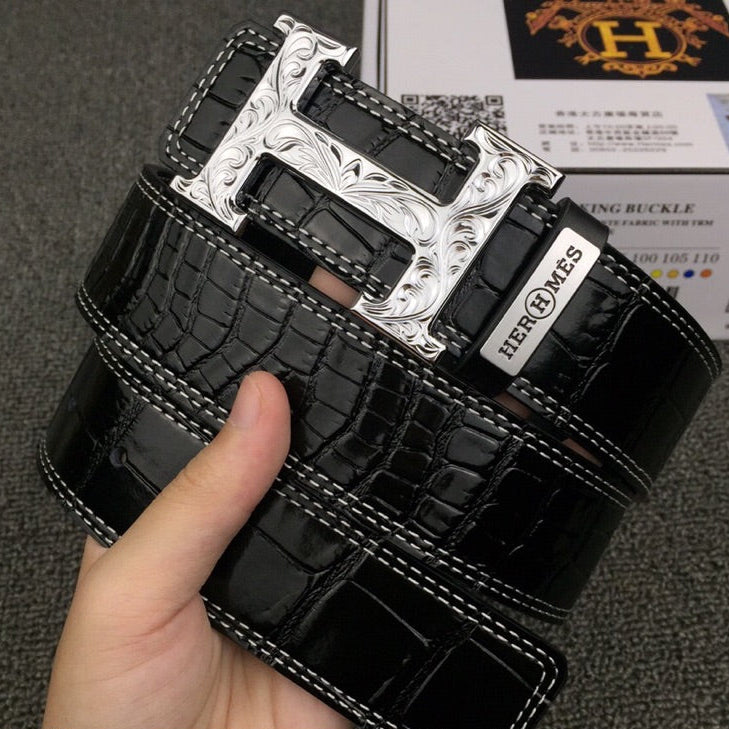 HM Belt 38mm Black Crocodile Embossed Silver Buckle Leather 619362