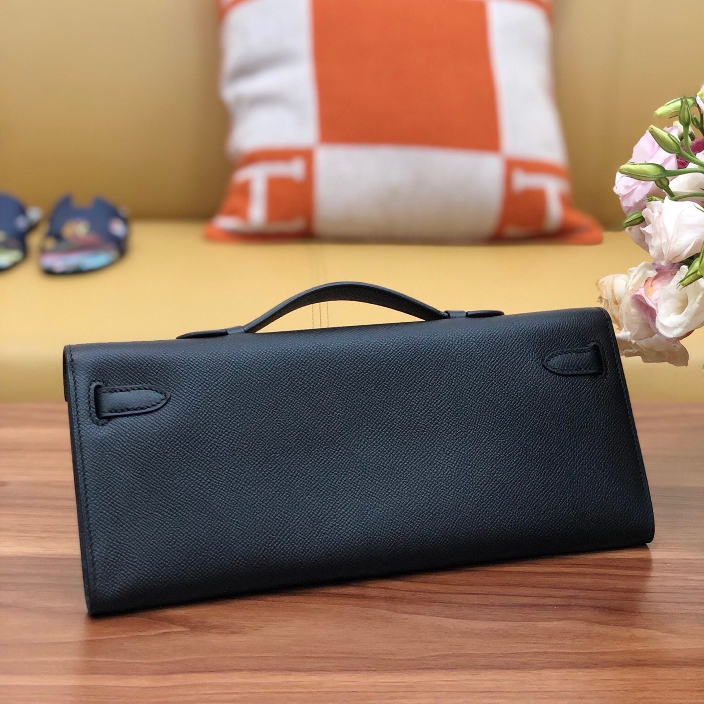 HM Kelly Cut 31cm Black Swift Leather Shw Silver Hardware