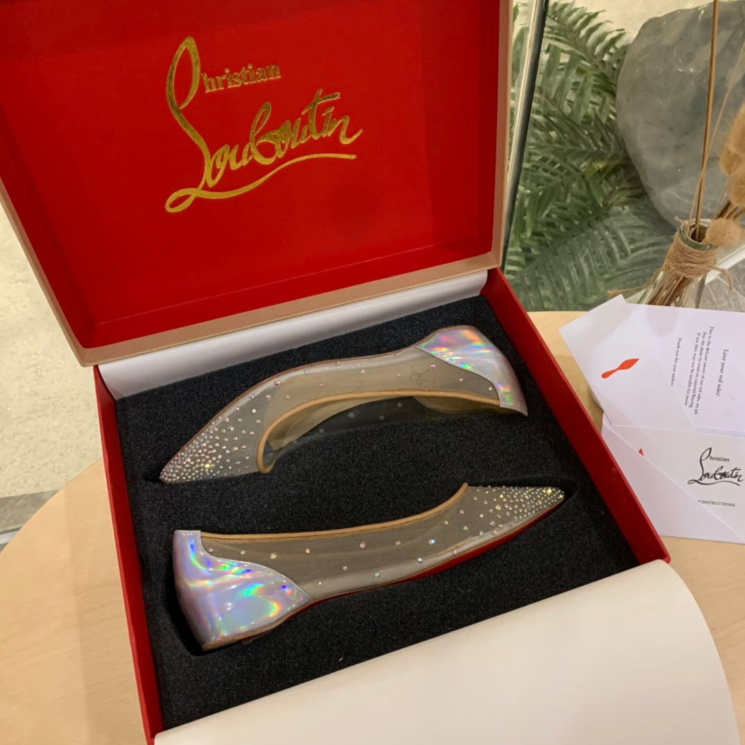 CL Follies Strass Flats Mesh and Patent Leather Silver