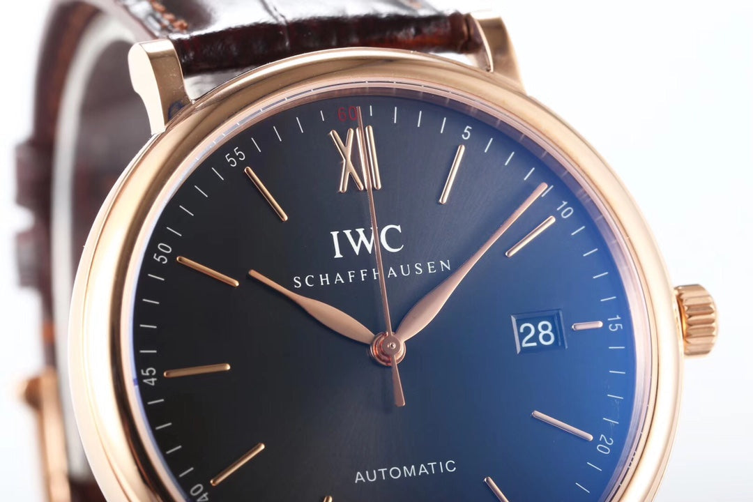 IWC Portofino 40mm Black Dial Pink Gold Case Brown Leather
