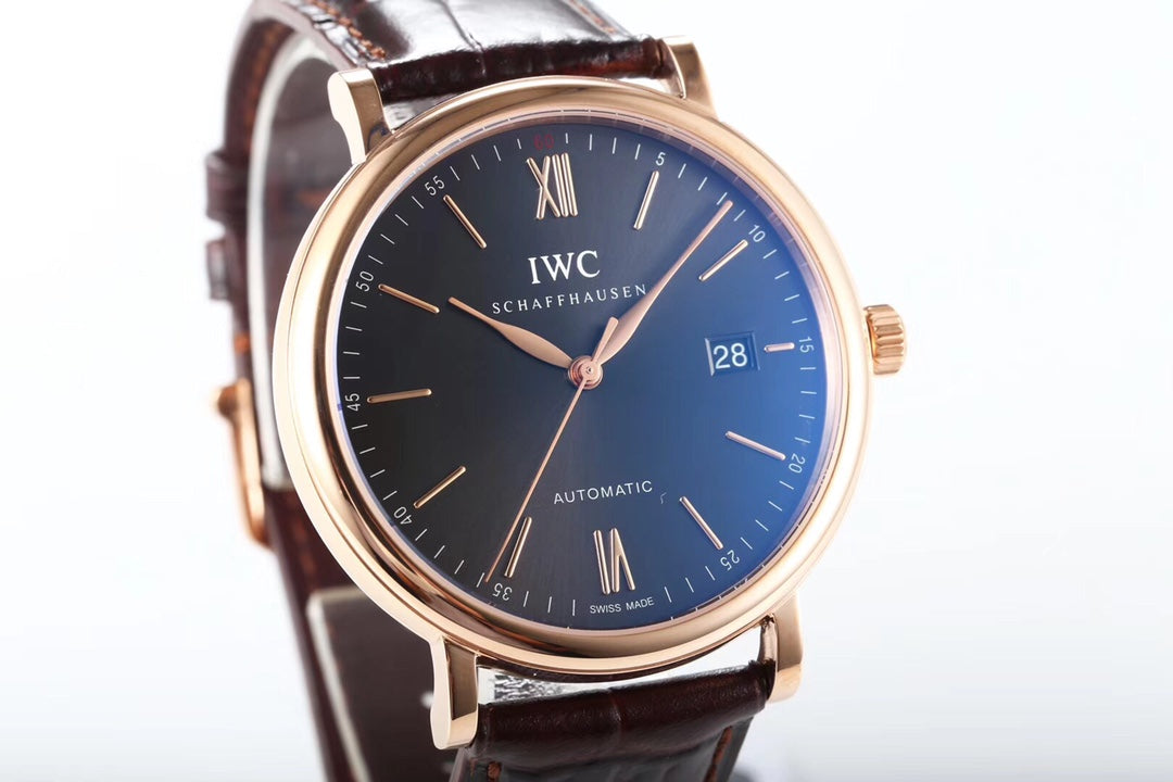 IWC Portofino 40mm Black Dial Pink Gold Case Brown Leather