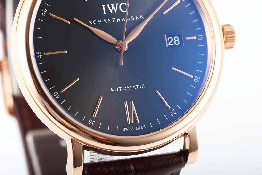 IWC Portofino 40mm Black Dial Pink Gold Case Brown Leather