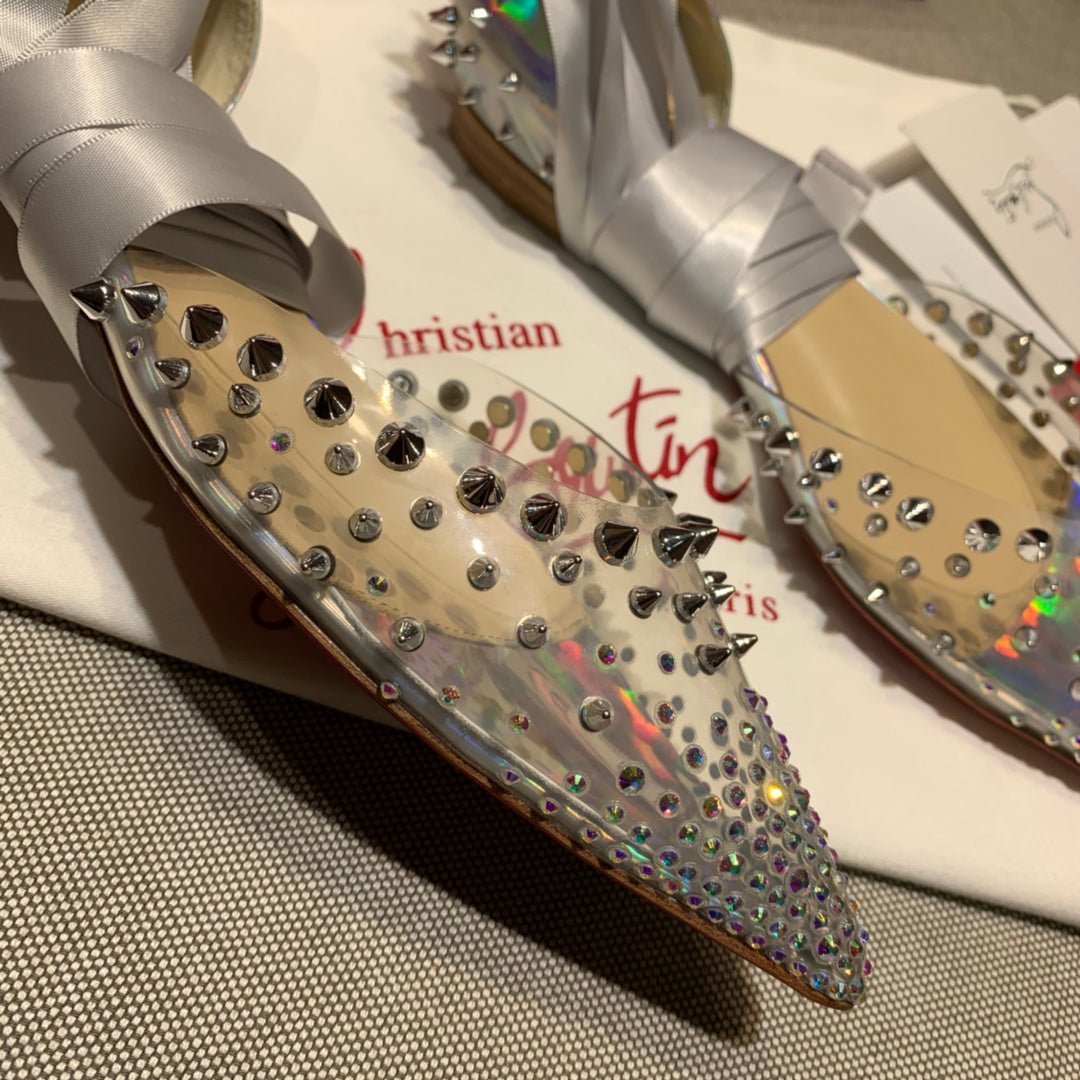 CL Mechante Reine Flats Spike Leather and PVC Silver