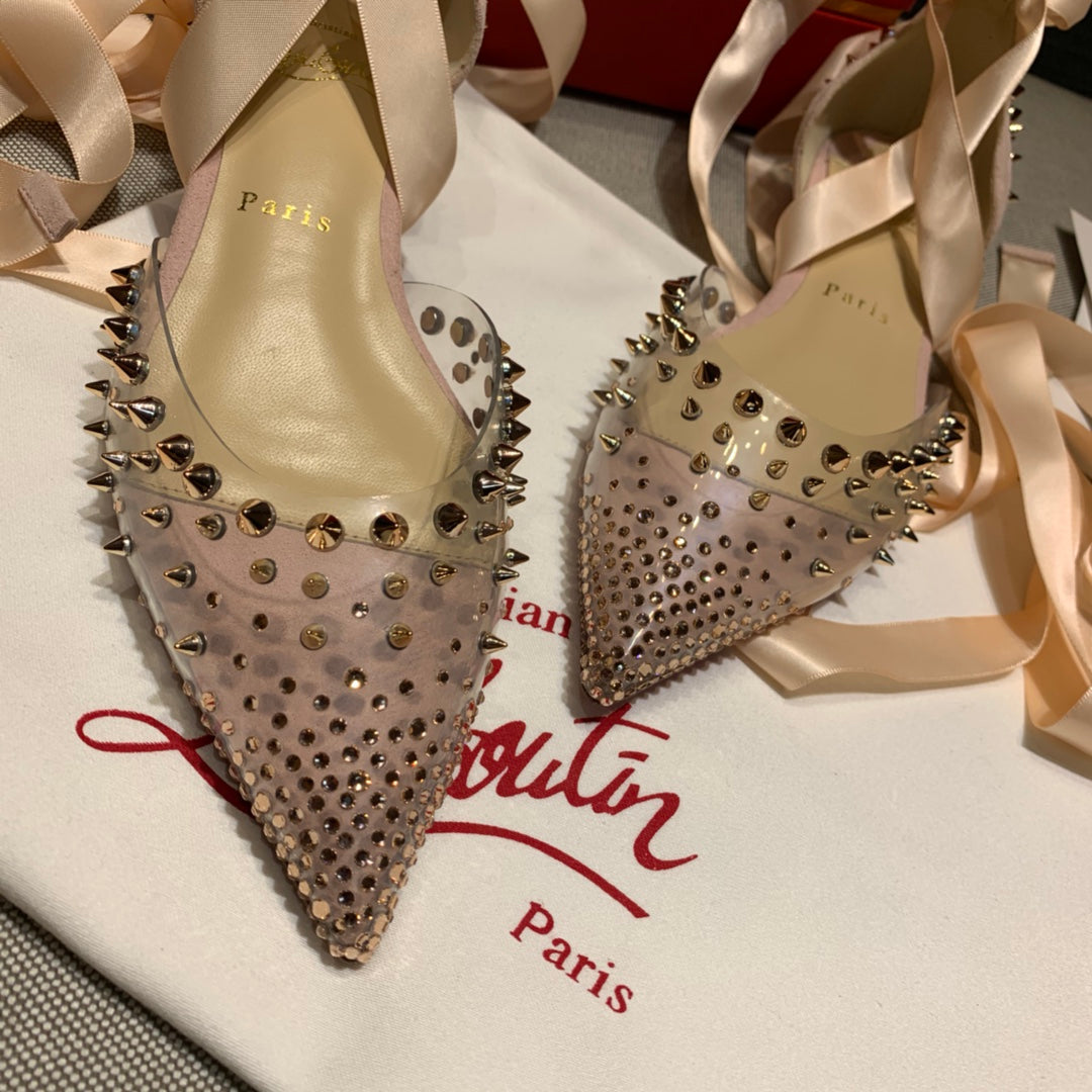 CL Mechante Reine Flats Spike PVC and Veau Velours Pink