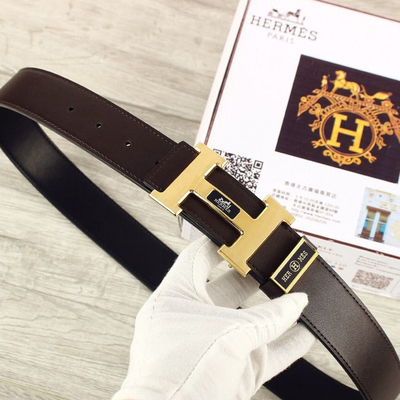 HM Double-sided Belt 38mm Black Cowhide Gold Buckle 620361