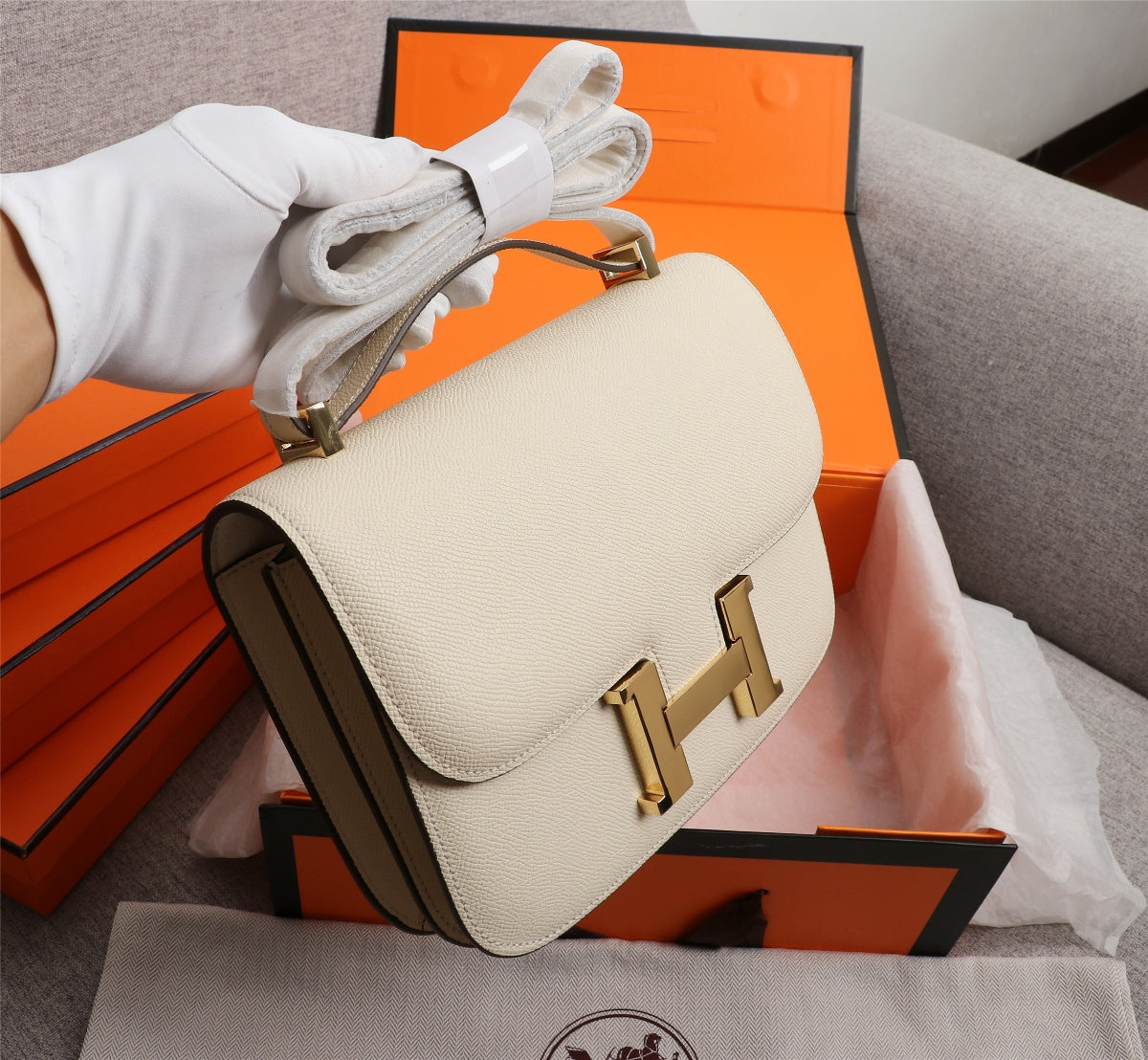 HM CONSTANCE BAGS 18 CREAM EPSOM GOLD HARDWARE