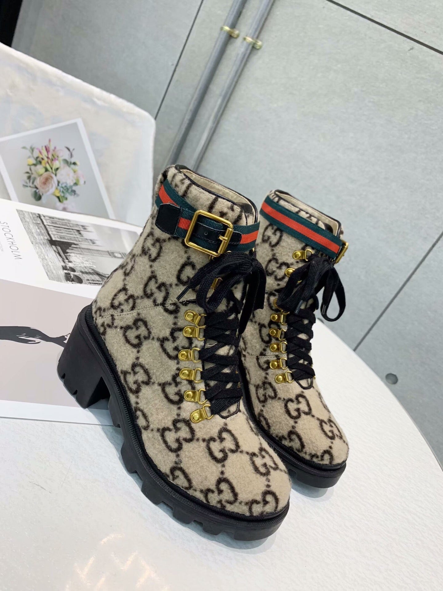 GG Ankle Heel Boots Beige Black Velvet