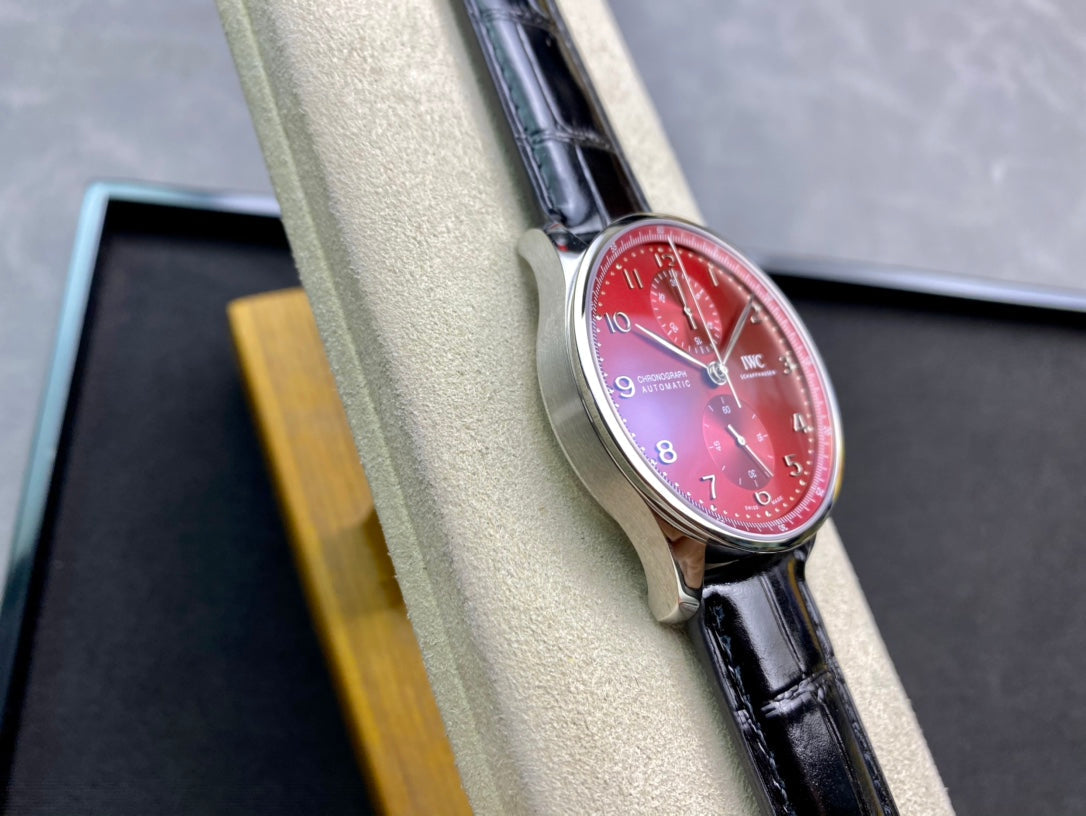 IWC Portuguese 40mm Red Dial Steel Case Black Leather