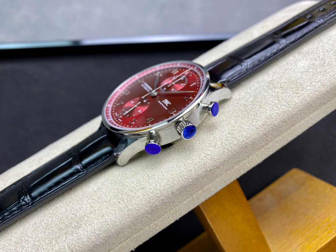 IWC Portuguese 40mm Red Dial Steel Case Black Leather