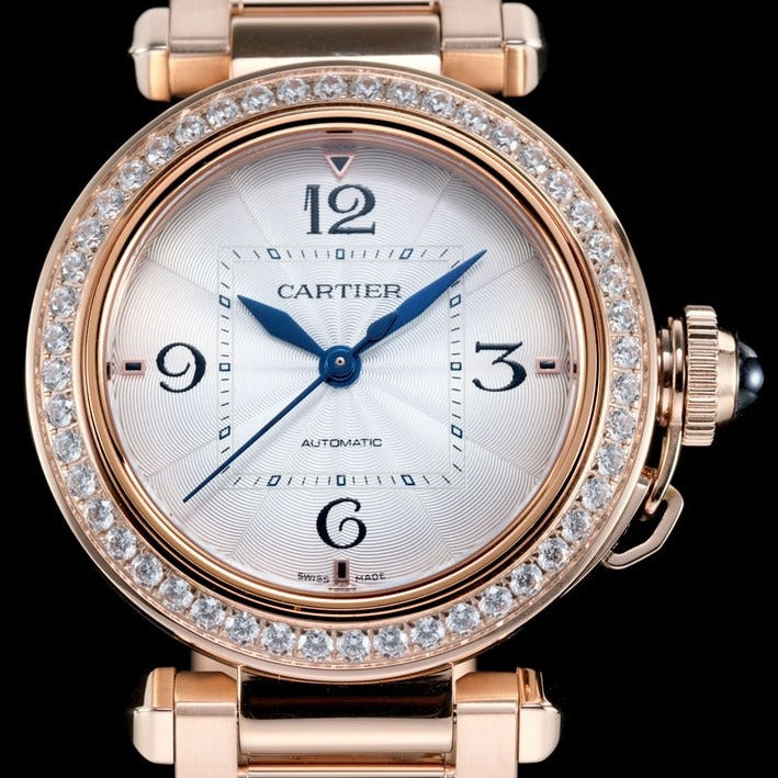 pasha 35mm automatic pink gold white dial diamond bezel
