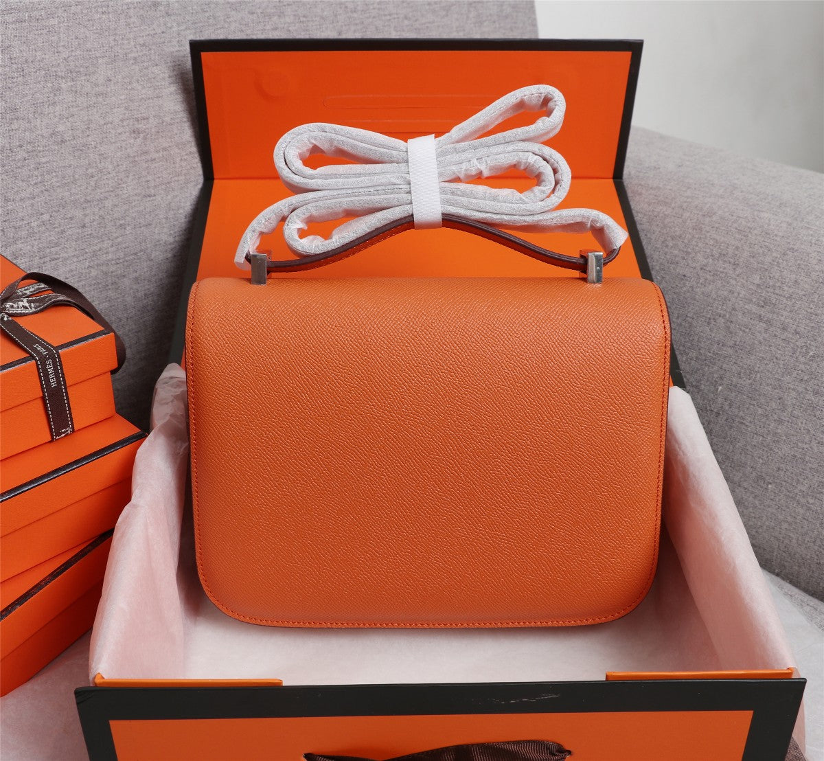 HM CONSTANCE BAGS 18 ORANGE EPSOM SILVER HARDWARE