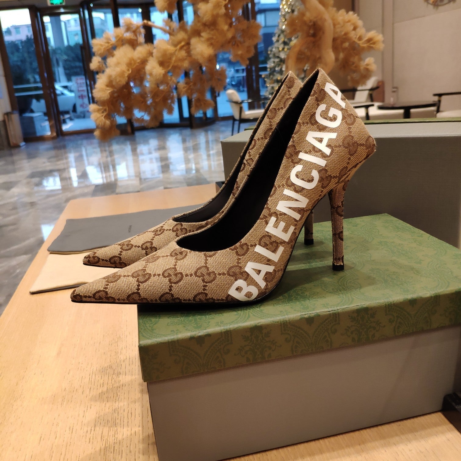Balenciaga x GC 26s High Heel Pump Brown Beige Monogram Printed Fabric 681308
