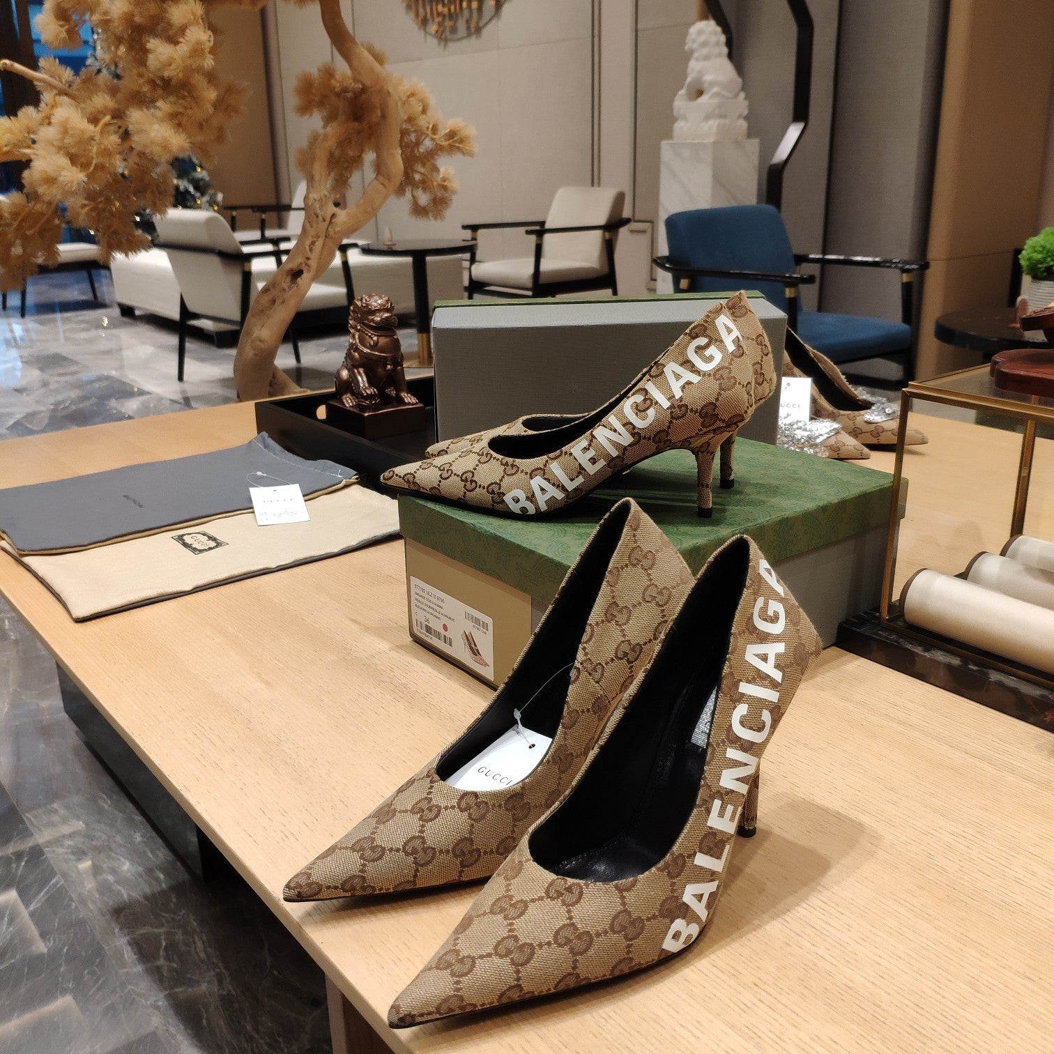 Balenciaga x GC 26s High Heel Pump Brown Beige Monogram Printed Fabric 681308