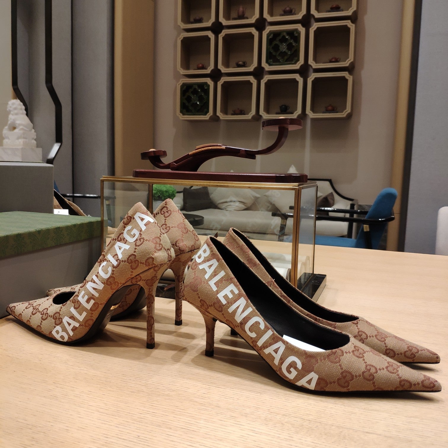Balenciaga x GC 26s High Heel Pump Brown Monogram Printed Fabric 681309