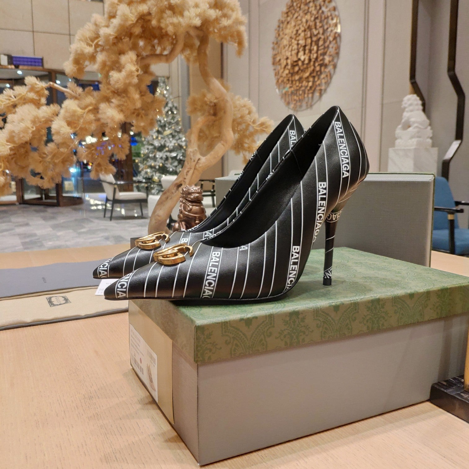 Balenciaga x GC 26s High Heel Pump Black White Sheepskin 681310