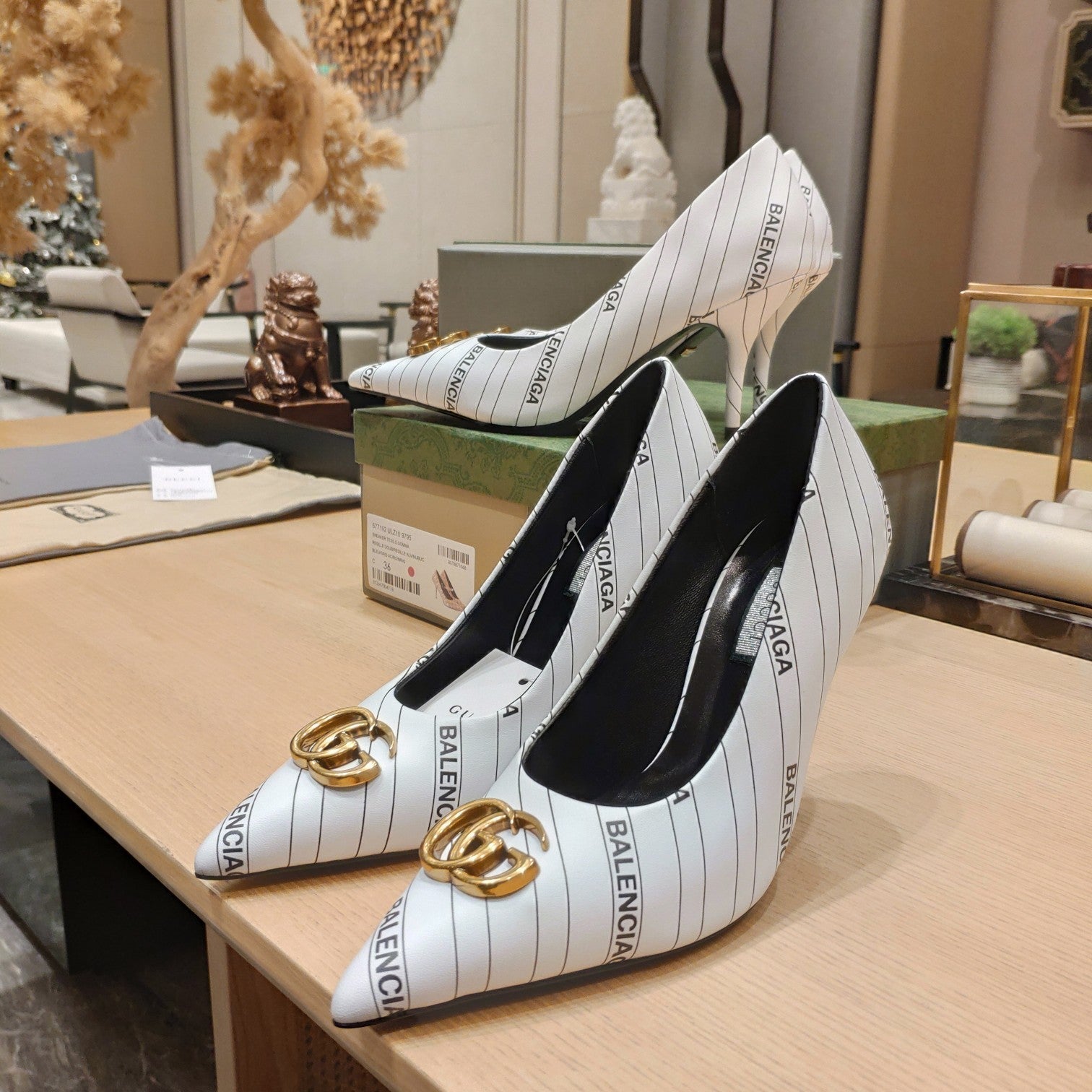 Balenciaga x GC 26s High Heel Pump White Black Sheepskin 681311