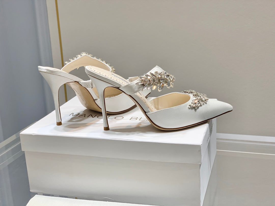 Manolo Mules Crystal White Silk Satin 219381