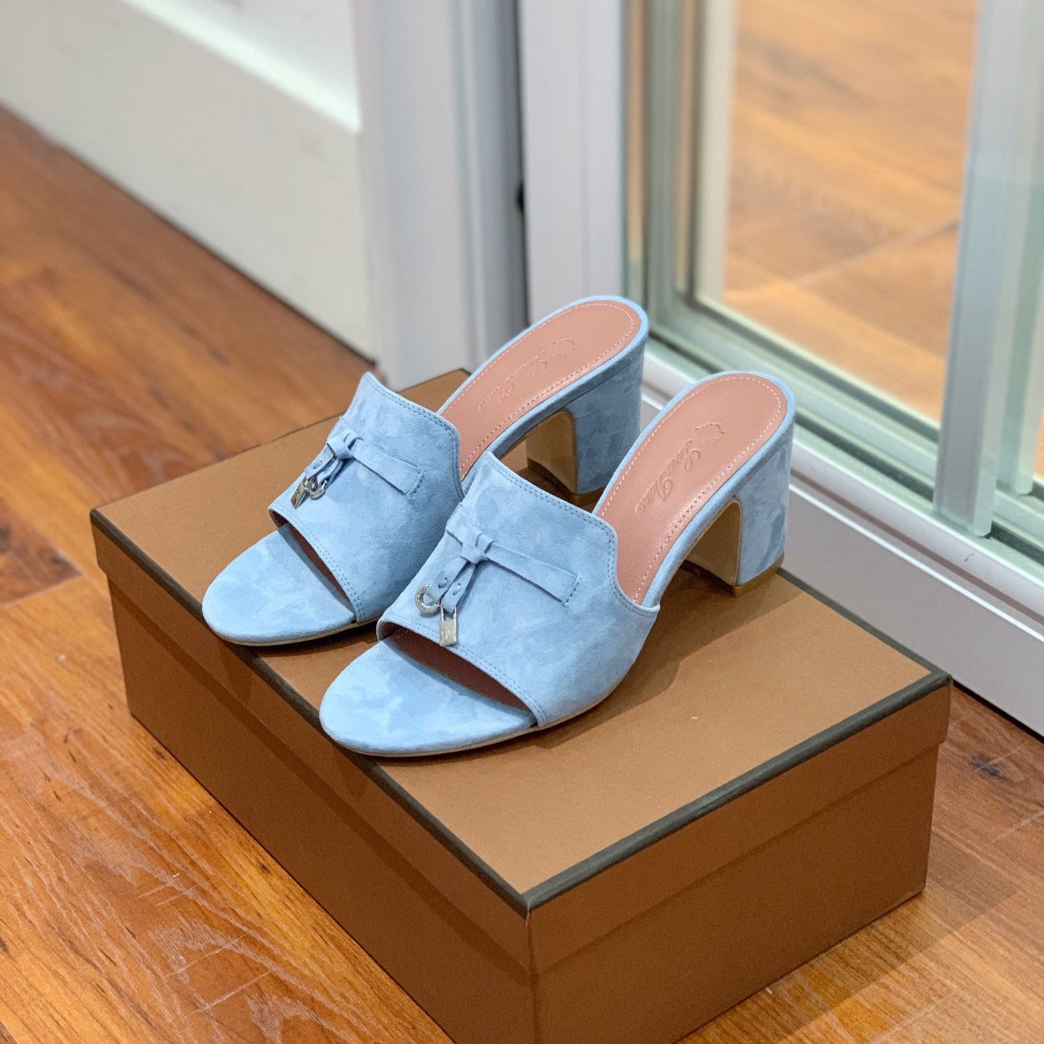 Summer Charms Mules 55mm Sky Blue Suede Pink Lambskin