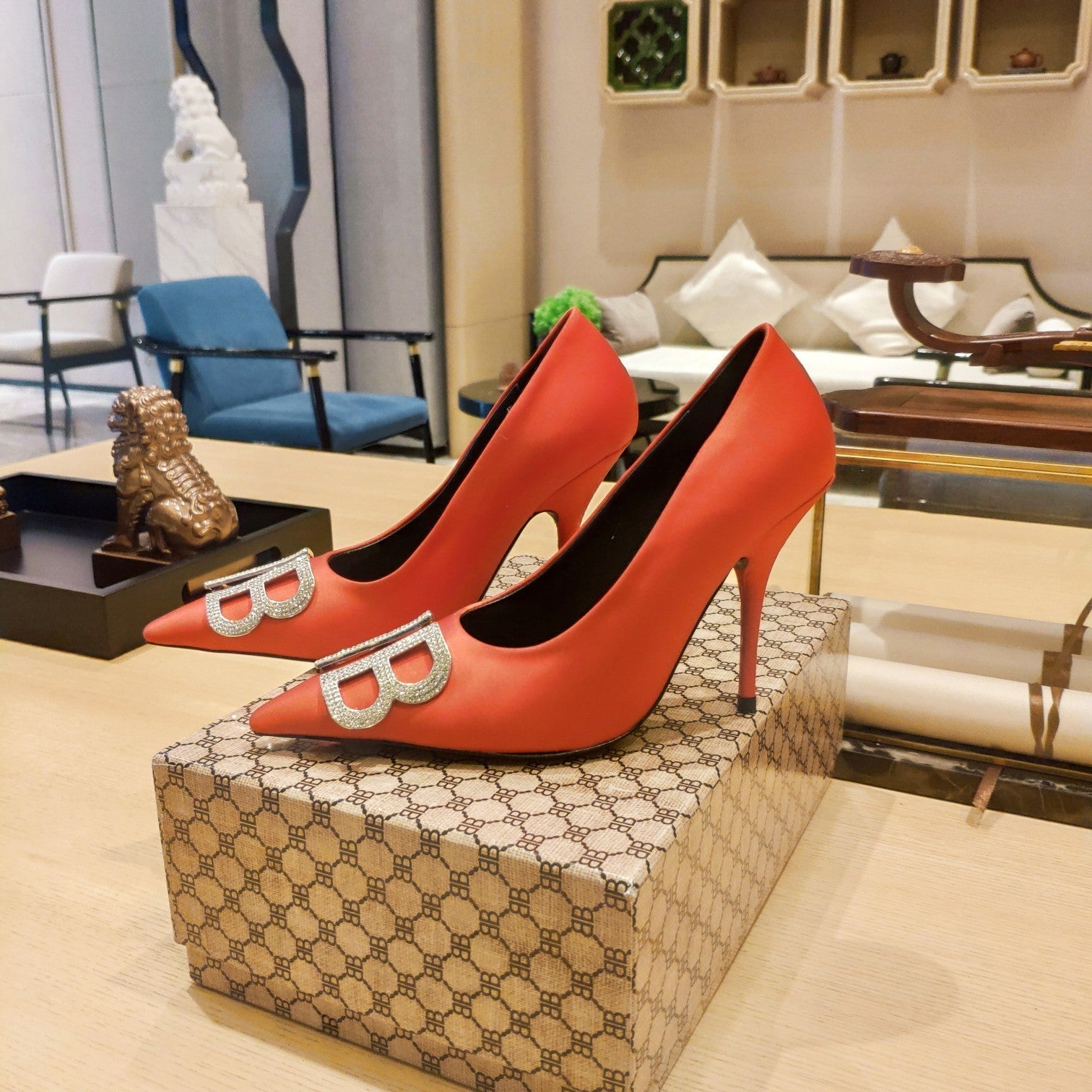 Balenciaga 26s High Heel Pump 105 Orange Red Silk Satin 681176