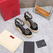 VT Wedge Platform Sandals Black Cowhide Espadrilles 363030