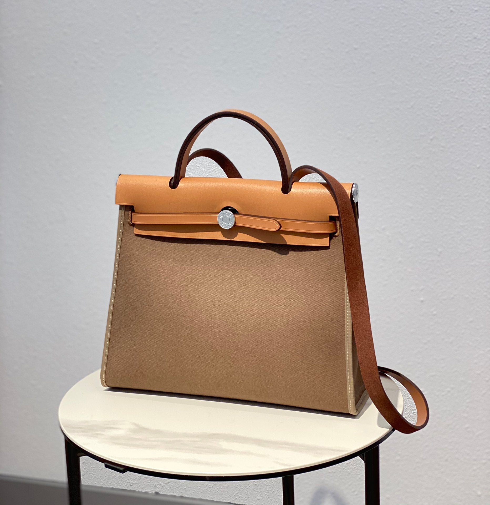 Herbag 31 Toile Brown Canvas Gold Cowhide Leather