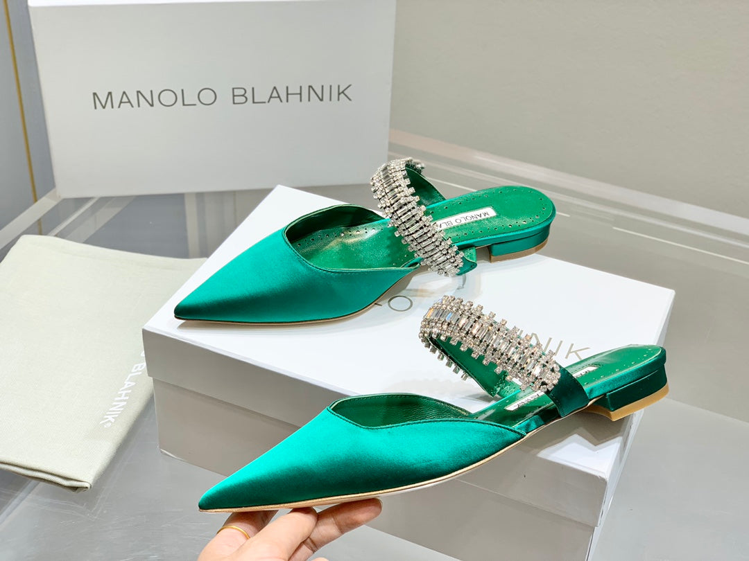 Manolo Flats Mules Diamond Buckle Green Silk Satin 327484