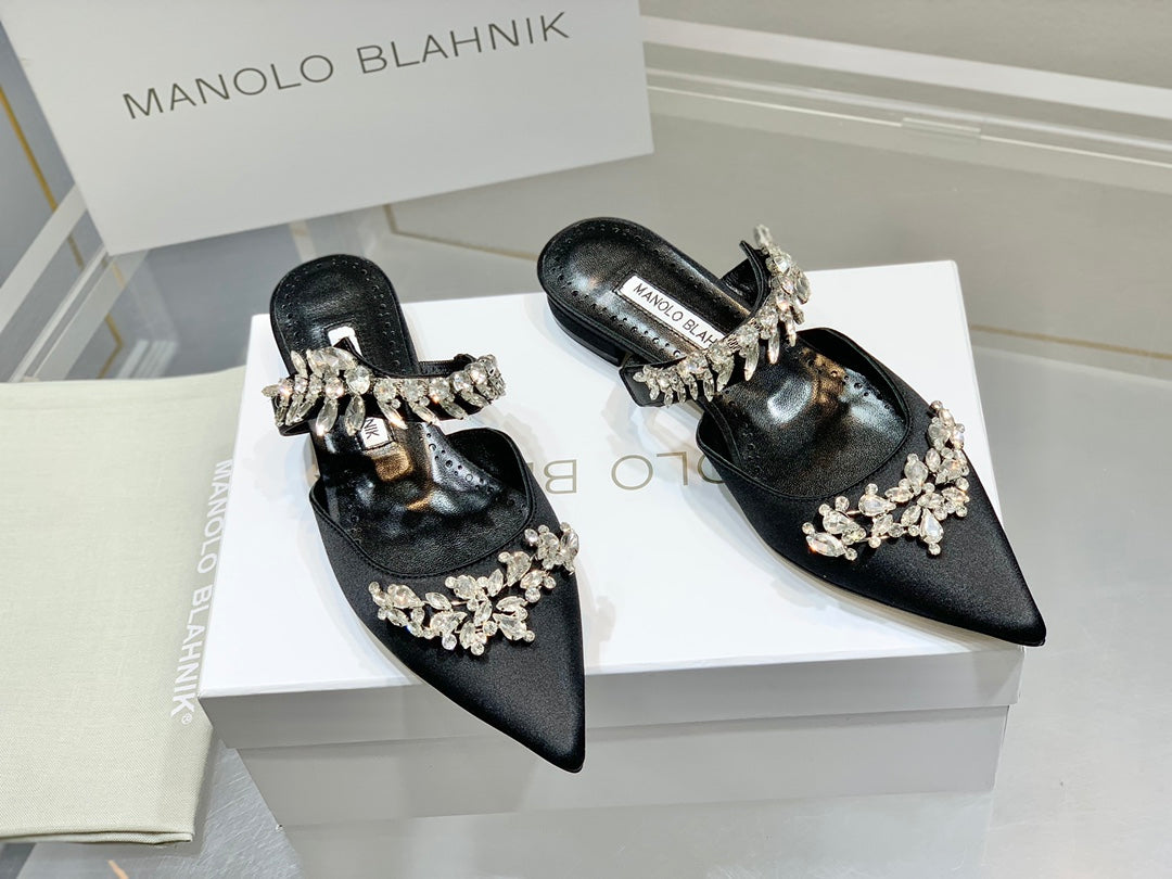 Manolo Flats Mules Crystal Black Silk Satin 327467