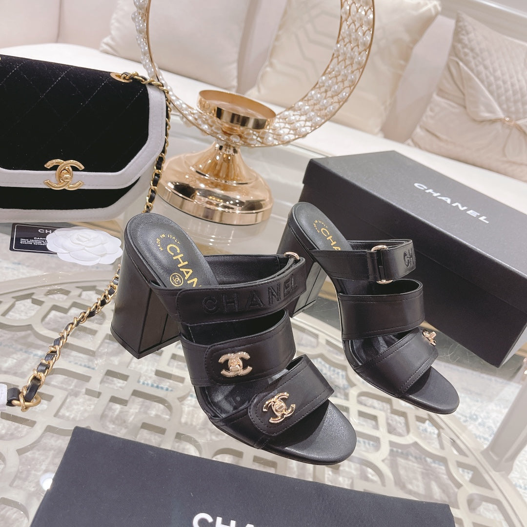 CC 25C Three Strap Sandal Mule High Heel Black Sheepskin 213348